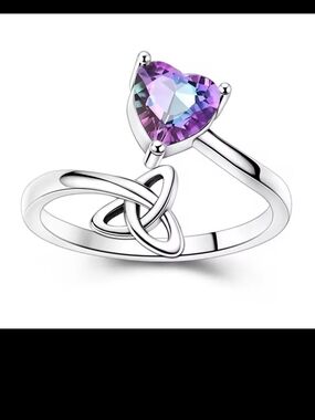Sterling Silver Celtic Heart Ring with Purple Heart Gem Resizable